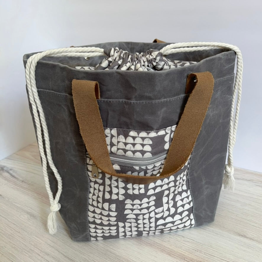 Denise Snow Williams-One of a Kind Drawstring Project Bags-craft organizer-Large - Grey Waxed Canvas w/ Int & Ext Pockets - Leather Handles-gather here online