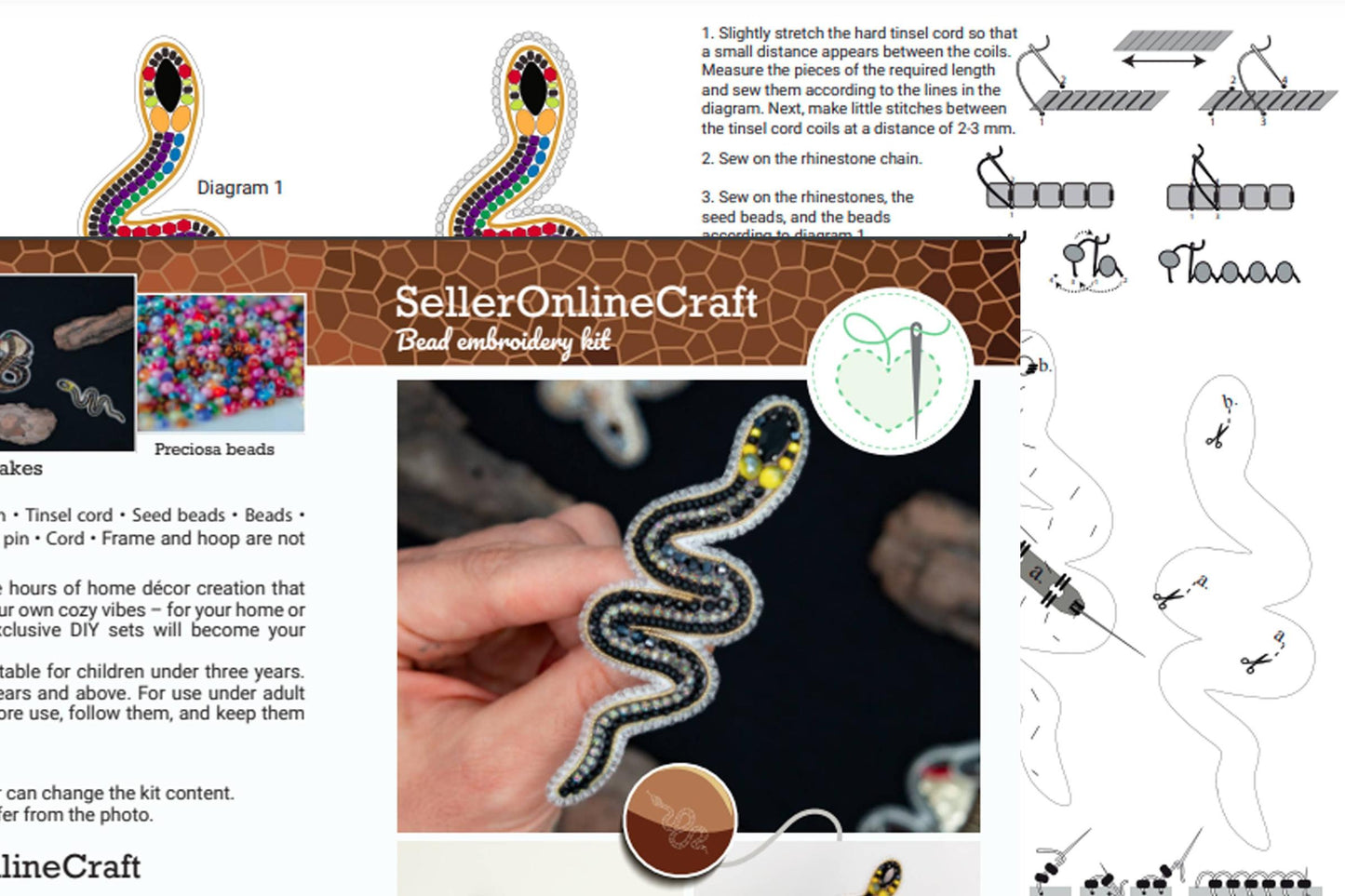 Bead Embroidery Kit: Grass Snake Brooch DIY Craft Set