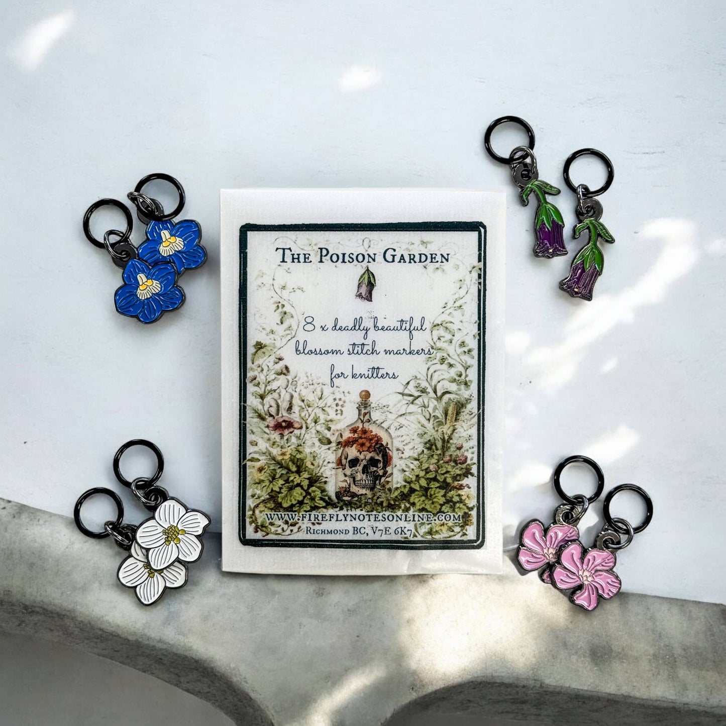 Firefly Notes-Poison Garden Stitch Markers and Tin-knitting notion-Tin AND stitch marker packs-gather here online