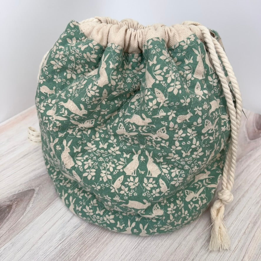 Denise Snow Williams-One of a Kind Drawstring Project Bags-craft organizer-Large Circle Bottom - Quilted Forest Creatures w/ Int. Zipper Pocket-gather here online