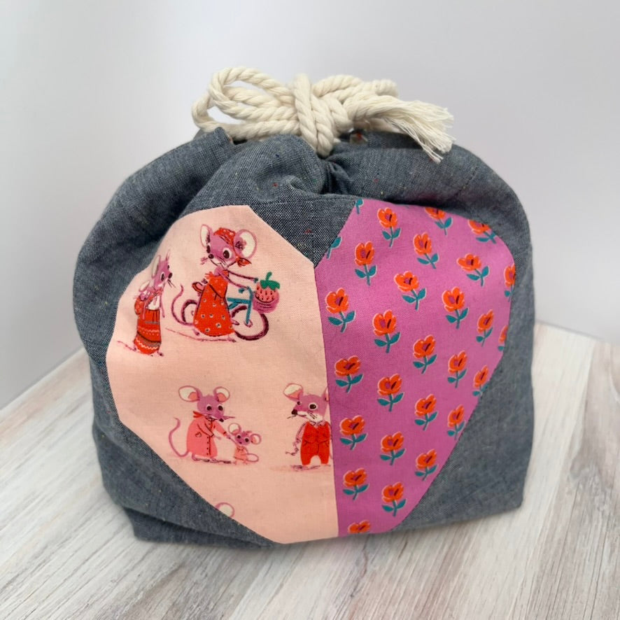 Denise Snow Williams-One of a Kind Drawstring Project Bags-craft organizer-Medium - Pink Quilted Heart w/ Interior Pocket-gather here online