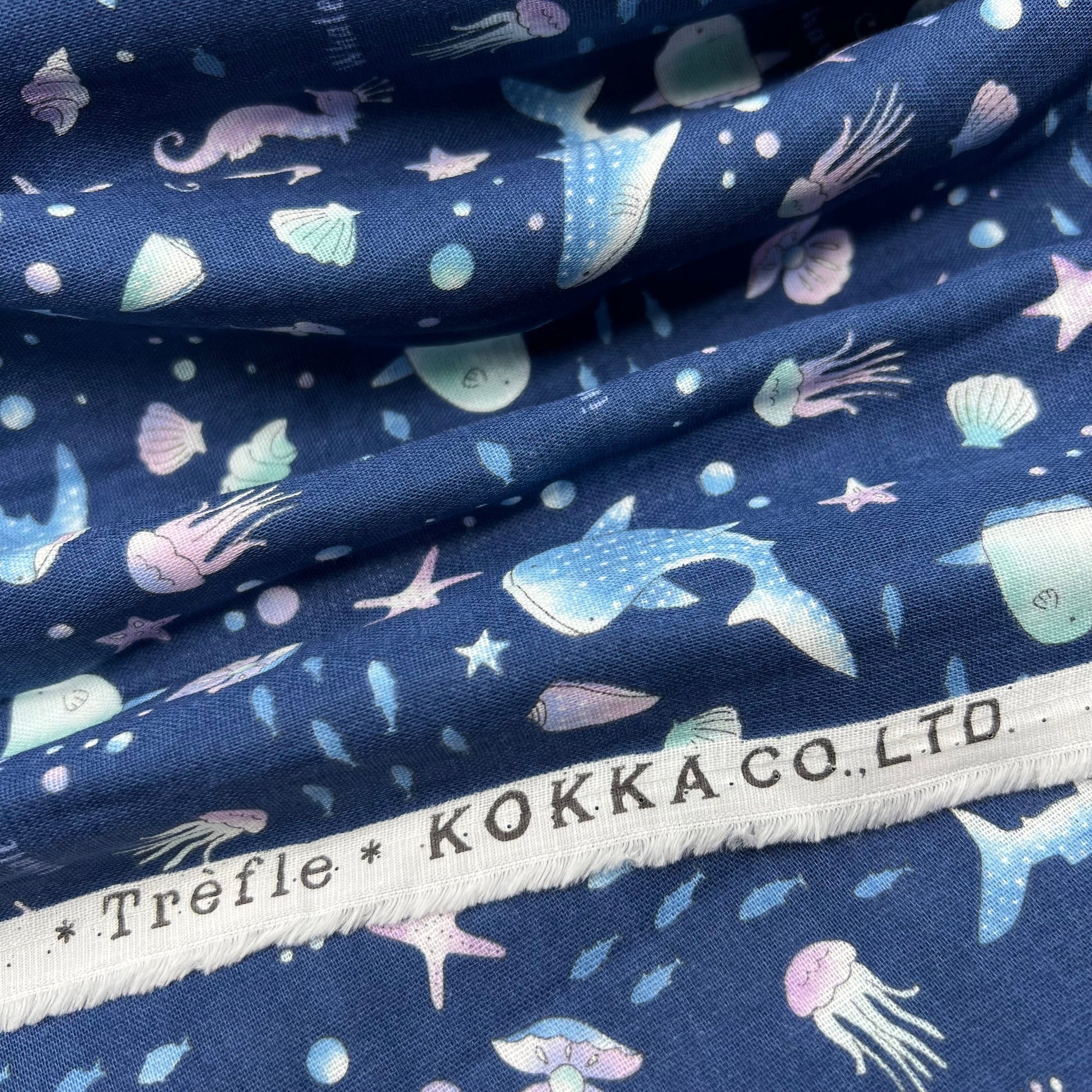 Kokka-Undersea Gentle Giants on Cotton Double Gauze-fabric-gather here online