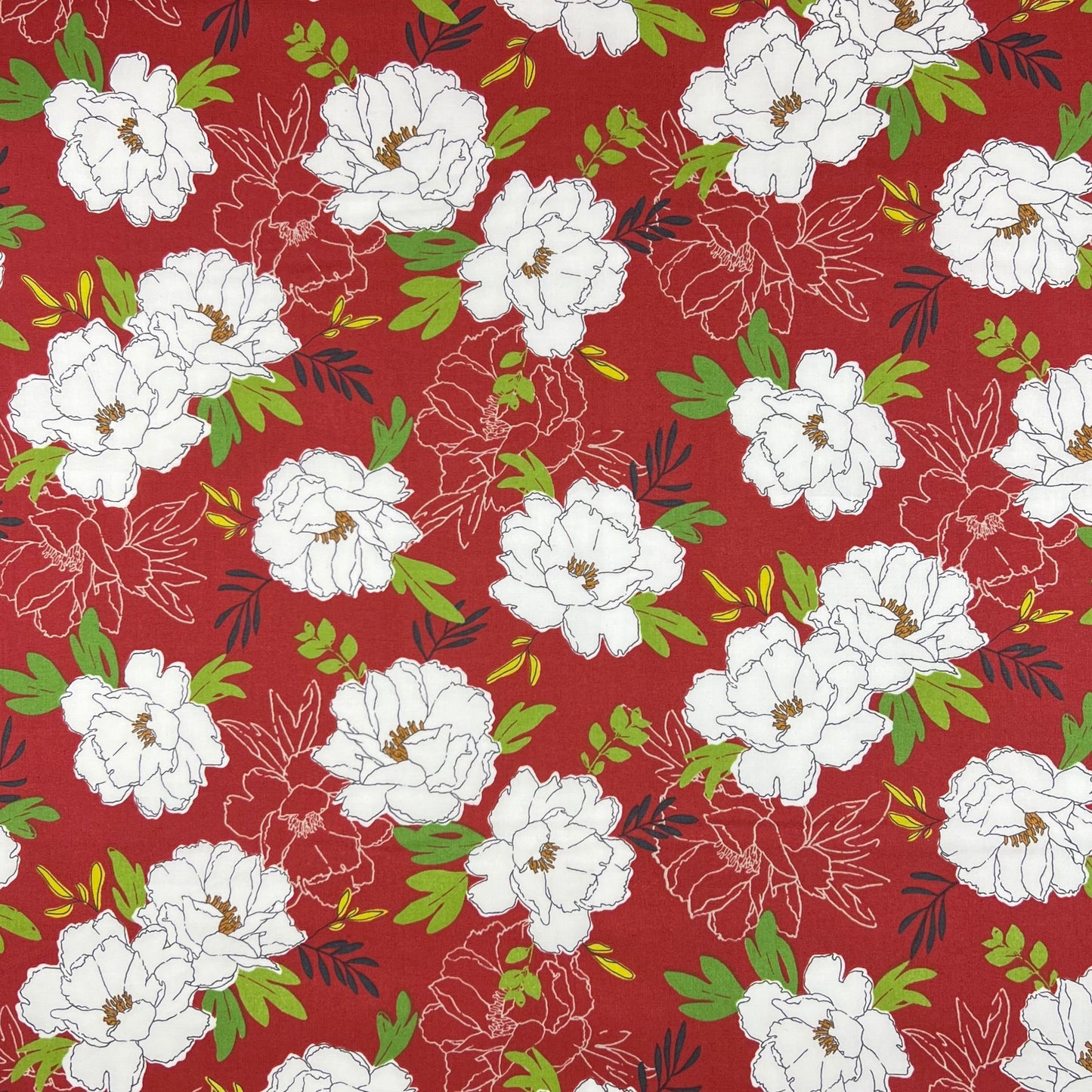 Kokka-White Peony Blooms On Red on Organic Cotton Lawn-fabric-gather here online