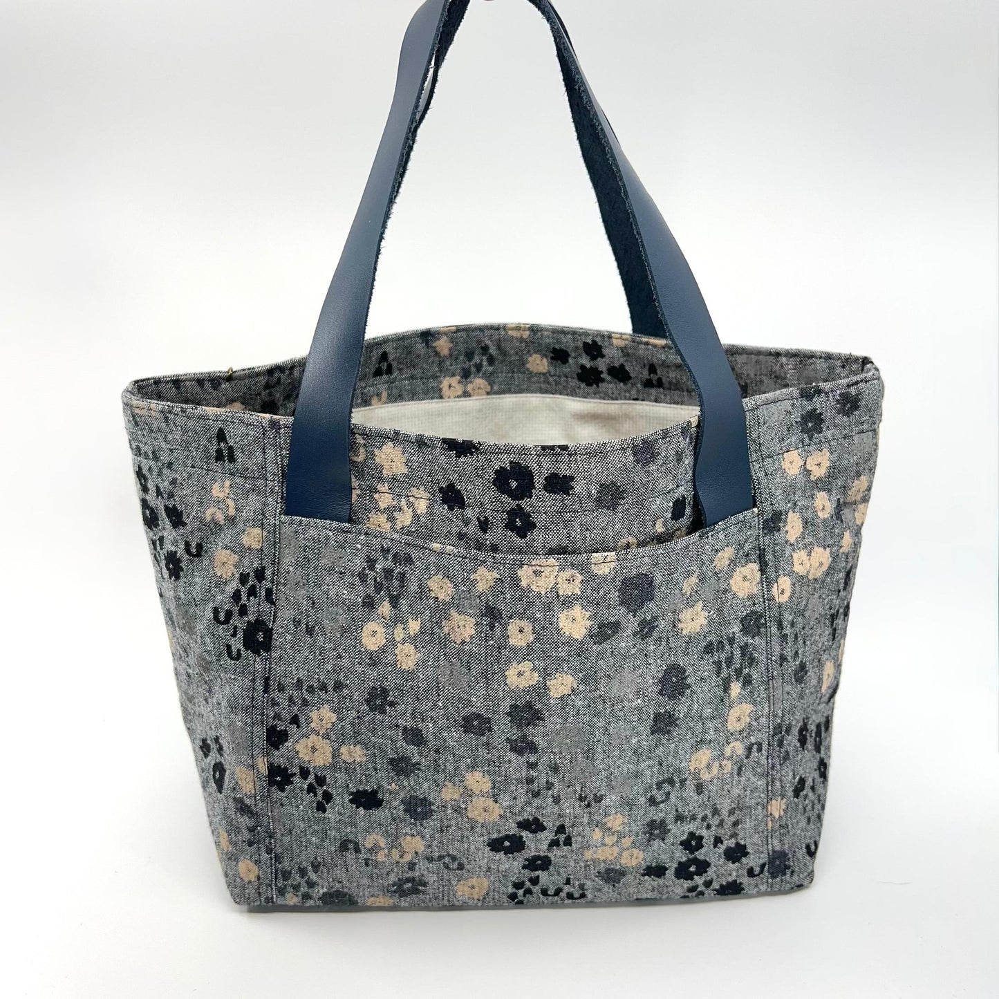 Denise Snow Williams-One of a Kind Open-Top Project Bags - October 2026-craft organizer-Large - Grey Stamped Flowers w/ Int & Ext Pockets & Leather Handles-gather here online