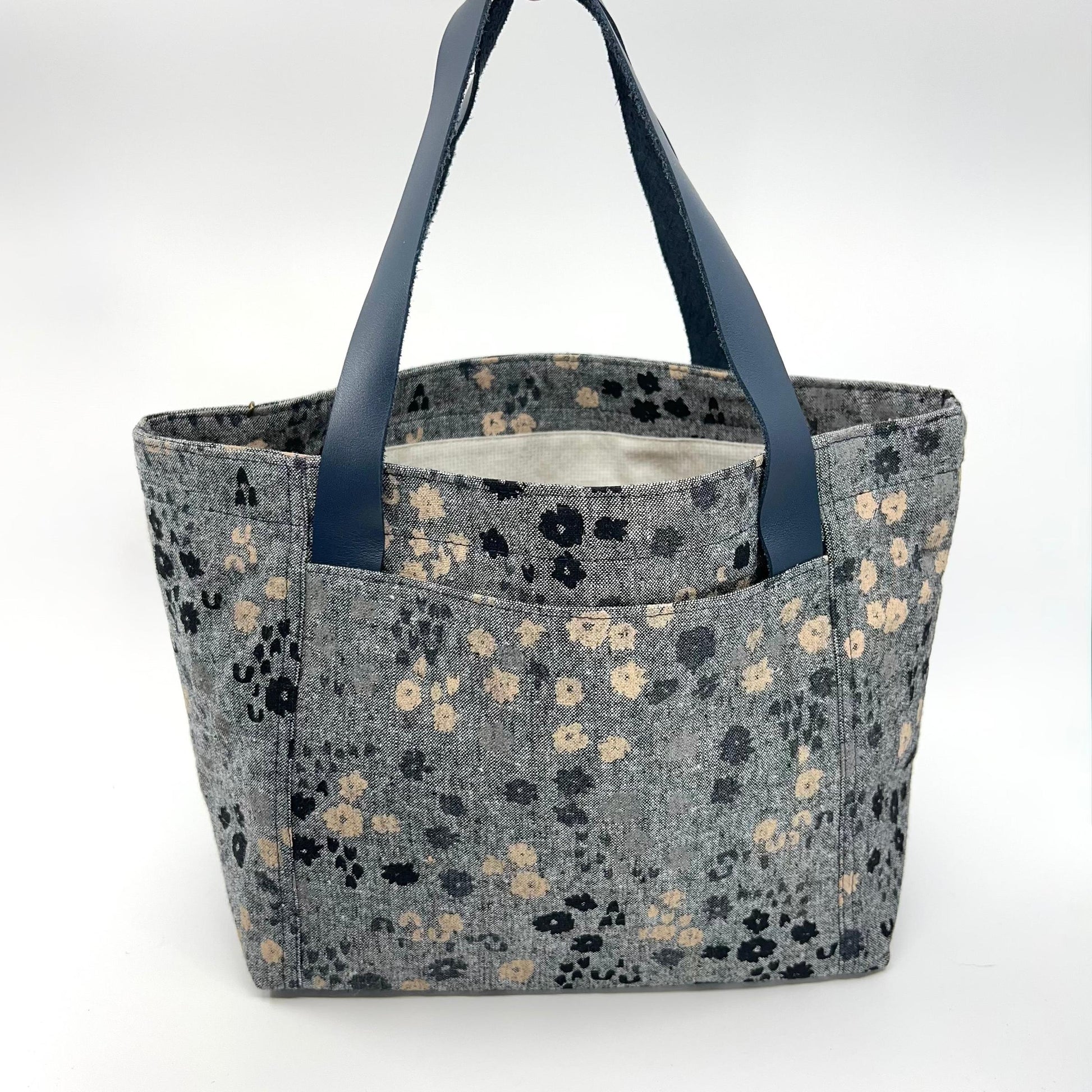 Denise Snow Williams-One of a Kind Open-Top Project Bags - October 2026-craft organizer-Large - Grey Stamped Flowers w/ Int & Ext Pockets & Leather Handles-gather here online