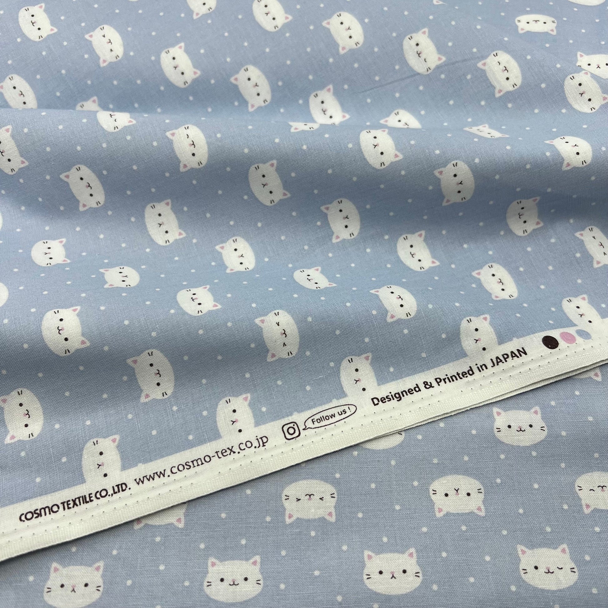 Cosmo-Soft Blue Cat Faces on Cotton Sheeting-fabric-gather here online