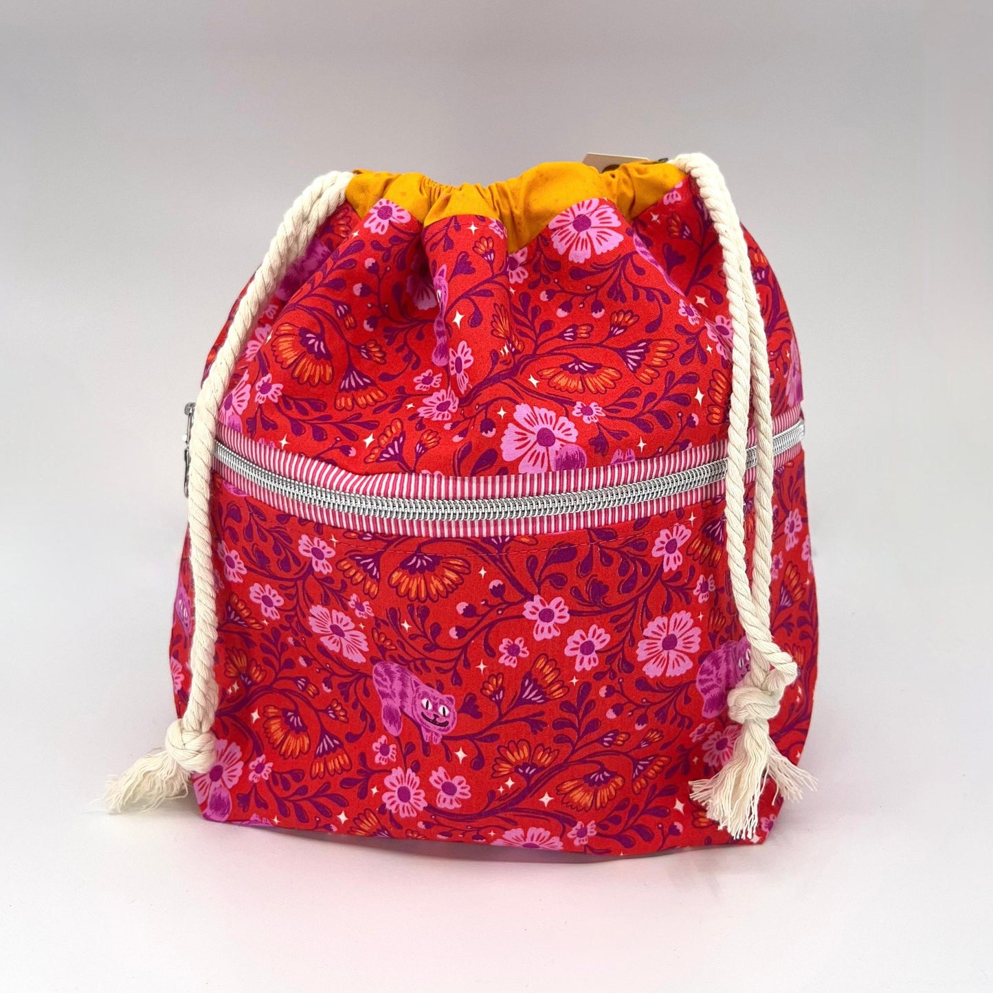 Denise Snow Williams-One of a Kind Drawstring Project Bags-craft organizer-Large - Red Cheshire Cat w/ Int & Ext Zip Pockets-gather here online