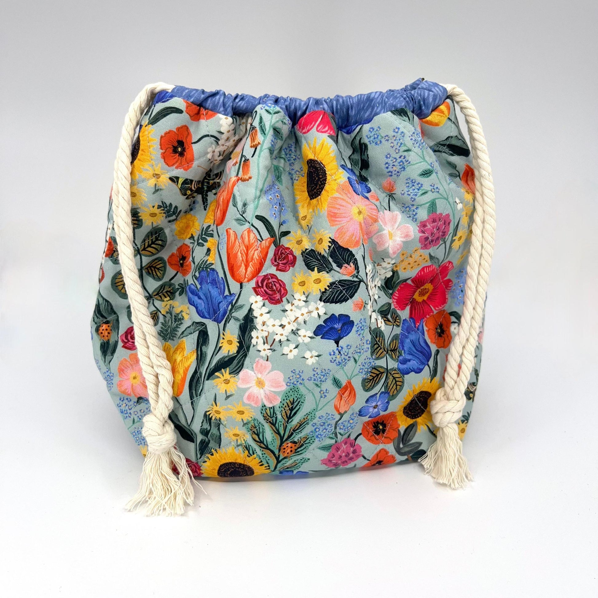 Denise Snow Williams-One of a Kind Drawstring Project Bags-craft organizer-Medium - Quilted Aqua Garden w/ Int Zip Pocket-gather here online