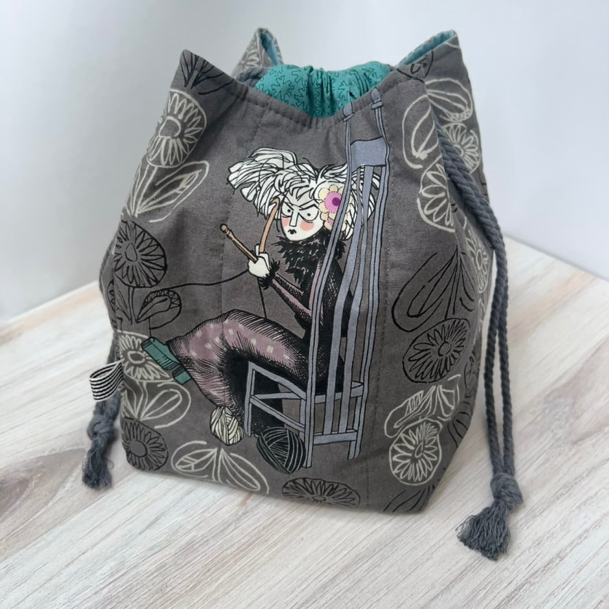 Denise Snow Williams-One of a Kind Drawstring Project Bags-craft organizer-Square Bottom - Quilted Yarn Lady w/ Int Pocket-gather here online