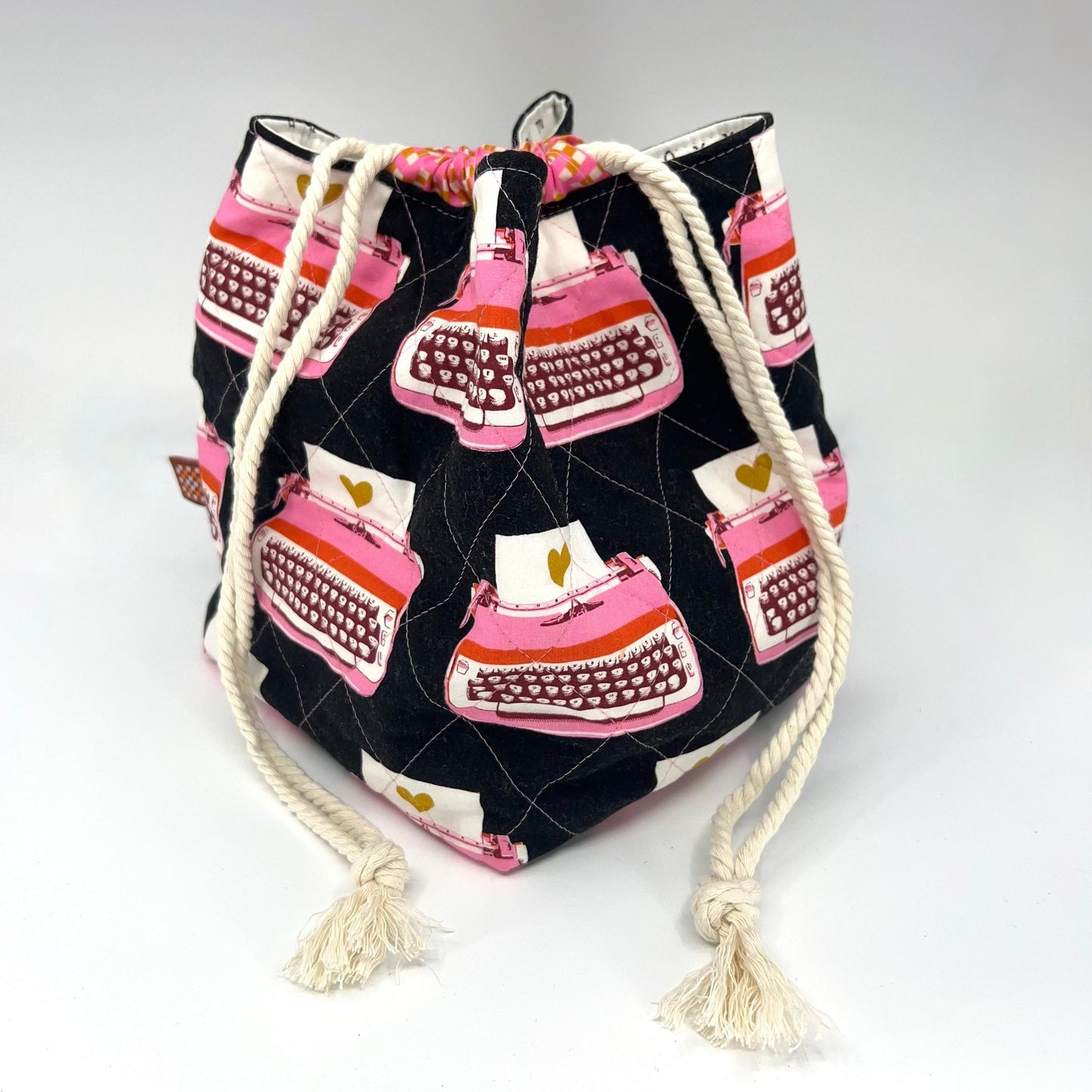 Denise Snow Williams-One of a Kind Drawstring Project Bags-craft organizer-Large Square Bottom - Quilted Typewriters w/ Int Zip Pocket-gather here online