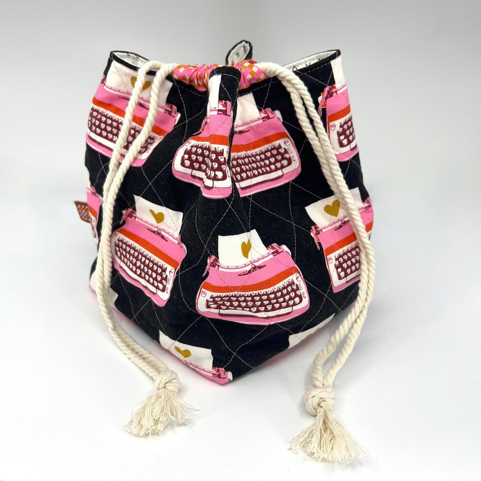 Denise Snow Williams-One of a Kind Drawstring Project Bags-craft organizer-Large Square Bottom - Quilted Typewriters w/ Int Zip Pocket-gather here online