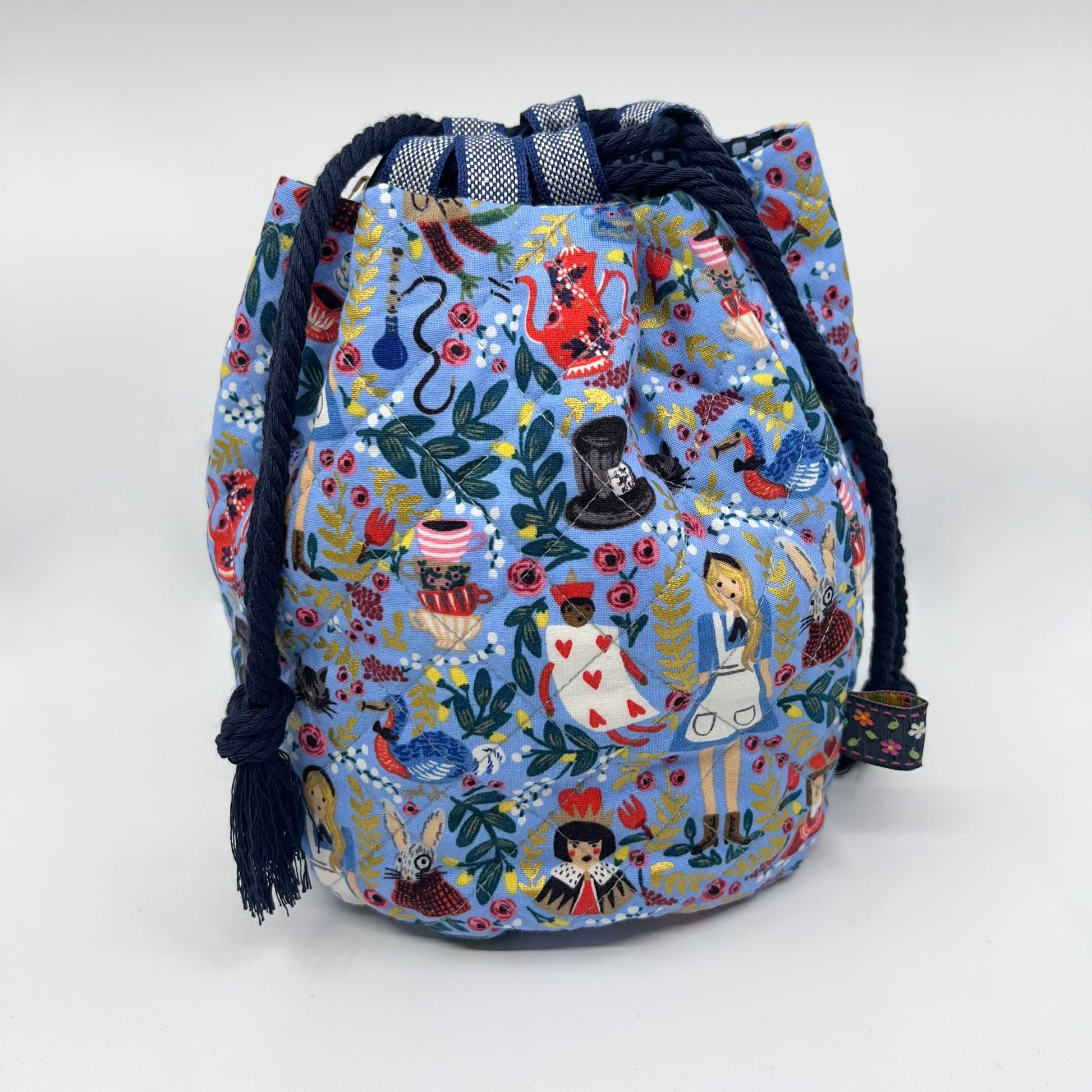 Denise Snow Williams-One of a Kind Drawstring Project Bags-craft organizer-Medium Circle Botom - Quilted Alice in Wonderland w/ Int Pockets-gather here online