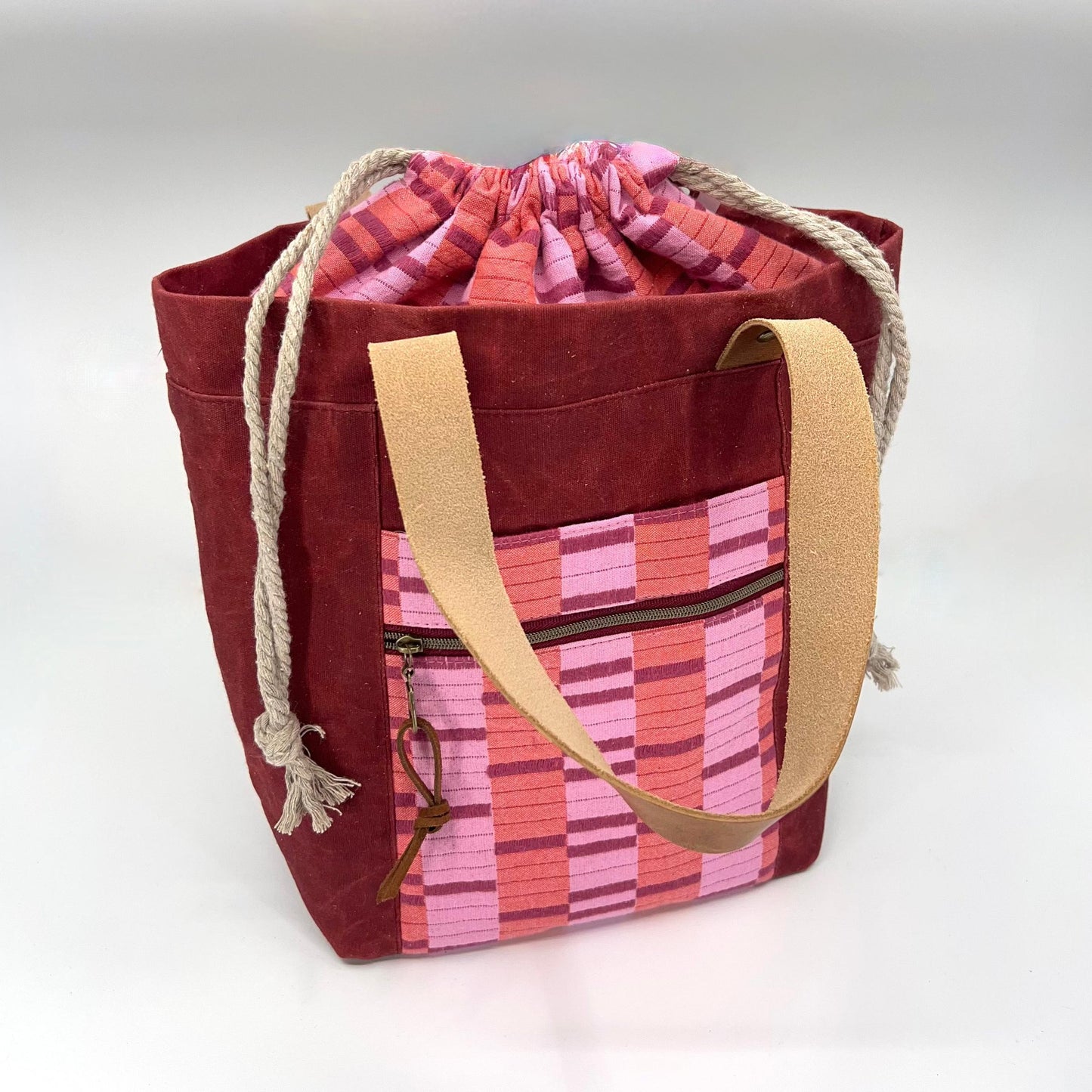 Denise Snow Williams-One of a Kind Drawstring Project Bags-craft organizer-Large Waxed Canvas - Red Bricks w/ Leather Handles, Int & Ext Pockets-gather here online