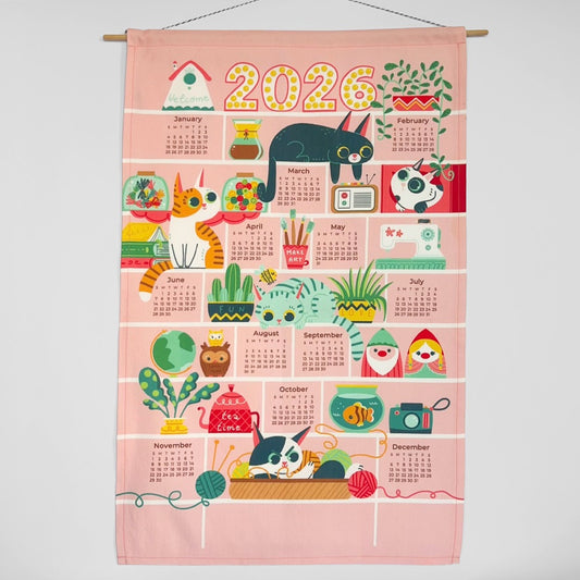 gather here-2026 Tea Towel Calendar - Bookshelf Cats-tea towel calendar-gather here online