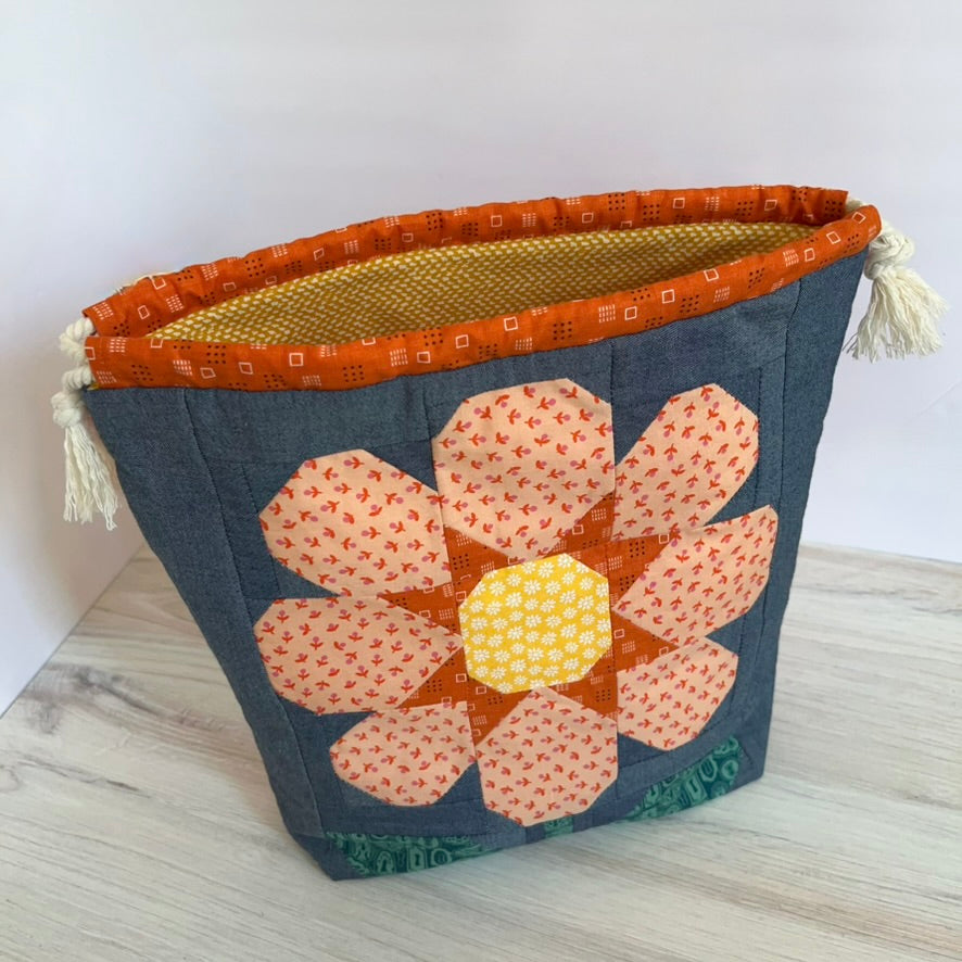 Denise Snow Williams-One of a Kind Drawstring Project Bags-craft organizer-Large - Orange Quilt Flower w/ Int Zip Pocket-gather here online