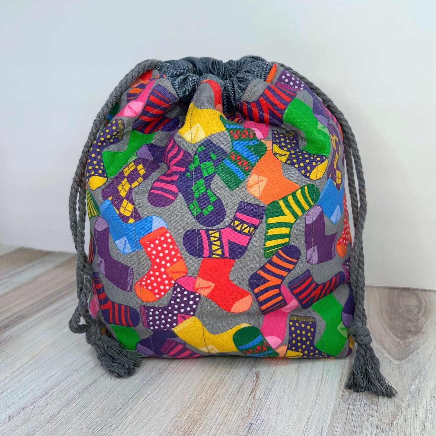 Denise Snow Williams-One of a Kind Drawstring Project Bags-craft organizer-Medium - Quilted Rainbow Socks w/ Interior Pocket-gather here online