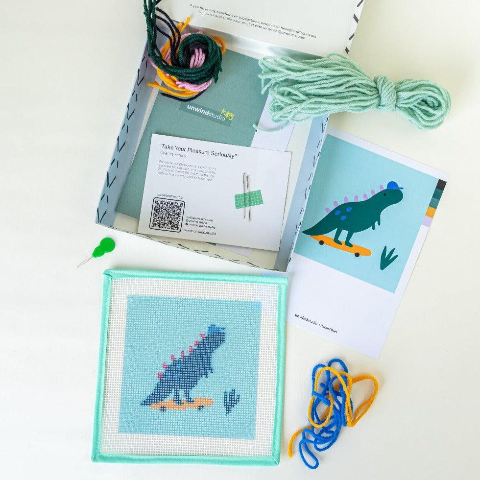 Unwind Studio-Dino the Skater - Needlepoint Kit for Kids-xstitch kit-gather here online