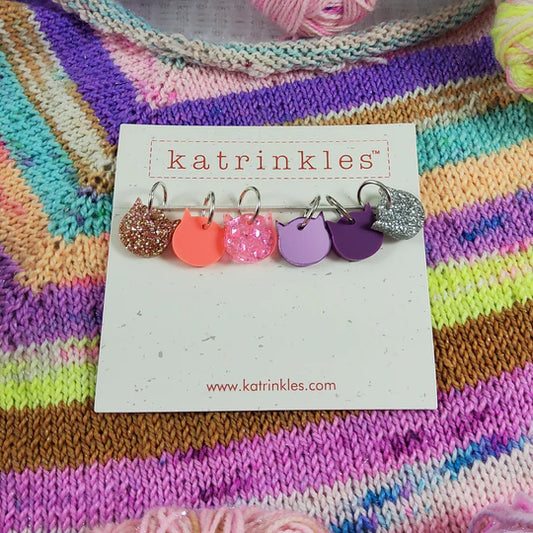 Katrinkles-Acrylic Disco Kitties Stitch Markers - Pink / Purple / Glitter-knitting notion-gather here online