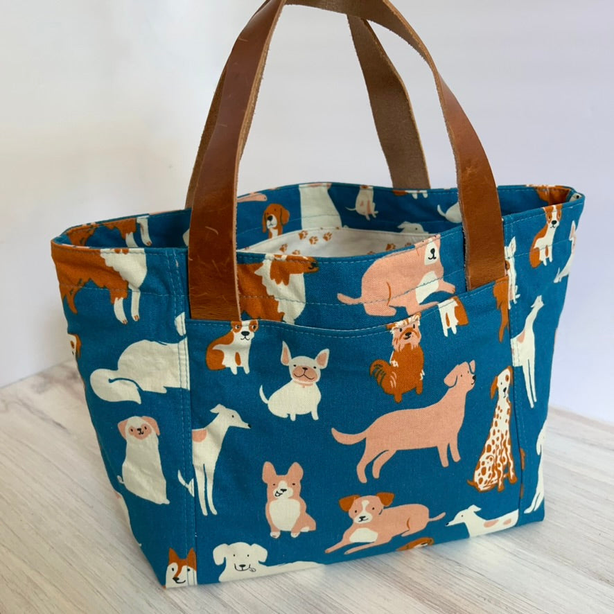 Denise Snow Williams-One of a Kind Drawstring Project Bags-craft organizer-Medium OPEN-TOP - Blue Dogs w/ Int & Ext Pockets - Leather Handles-gather here online