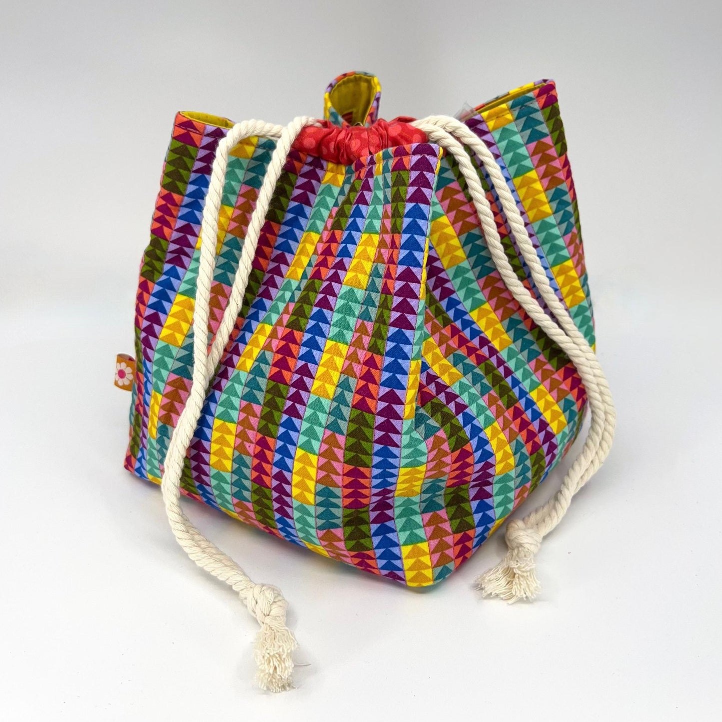 Denise Snow Williams-One of a Kind Drawstring Project Bags-craft organizer-Large Square Bottom - Quilted Rainbow Triangles w/ Int Zip Pocket-gather here online