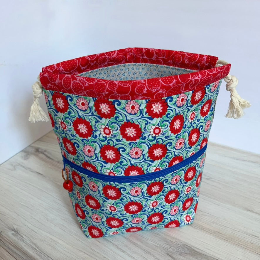 Denise Snow Williams-One of a Kind Drawstring Project Bags-craft organizer-Medium - Floral Swirls w/ Ext Zip Pocket-gather here online