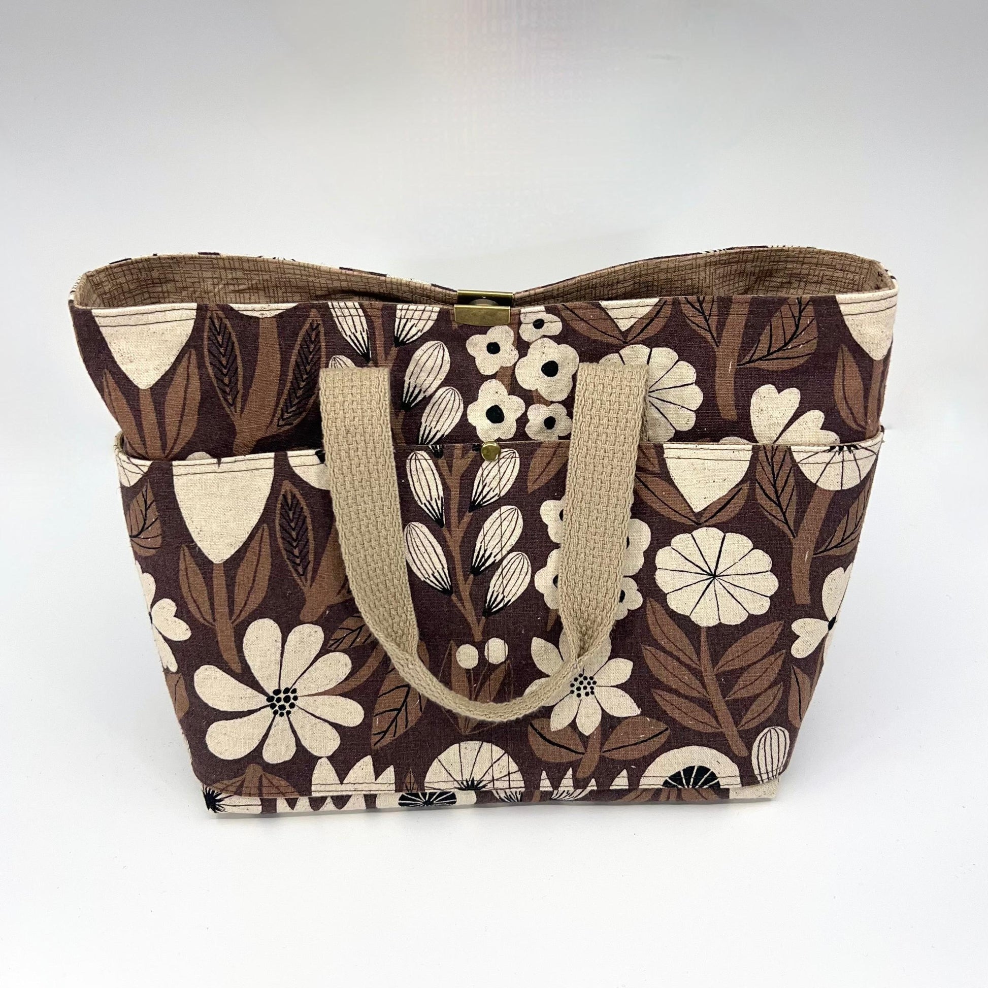 Denise Snow Williams-One of a Kind Drawstring Project Bags-craft organizer-Snap Top - Brown Florals w/ Int & Ext Pockets-gather here online