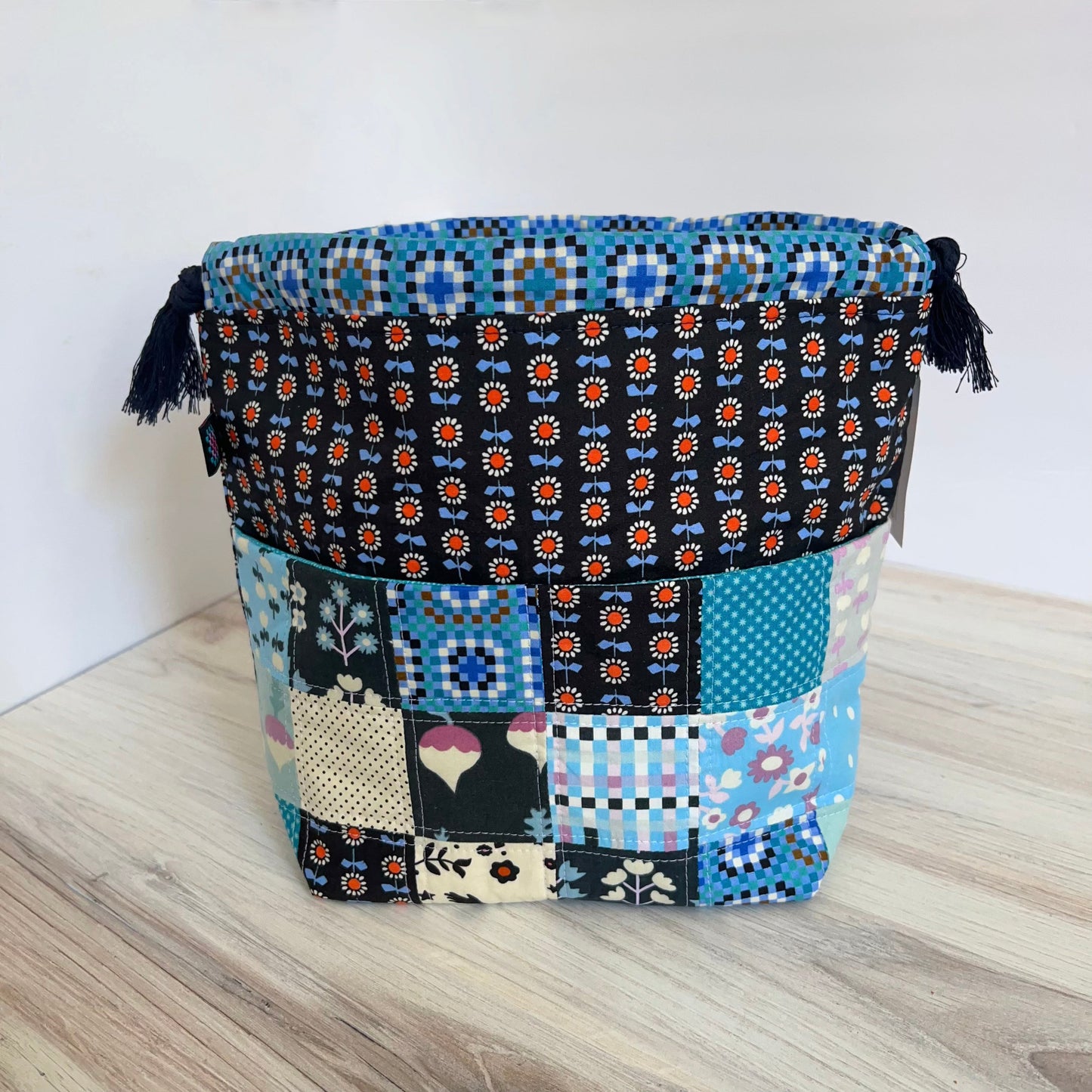 Denise Snow Williams-One of a Kind Drawstring Project Bags-craft organizer-Medium - Patchwork Blues w/ Int & Ext Pockets-gather here online