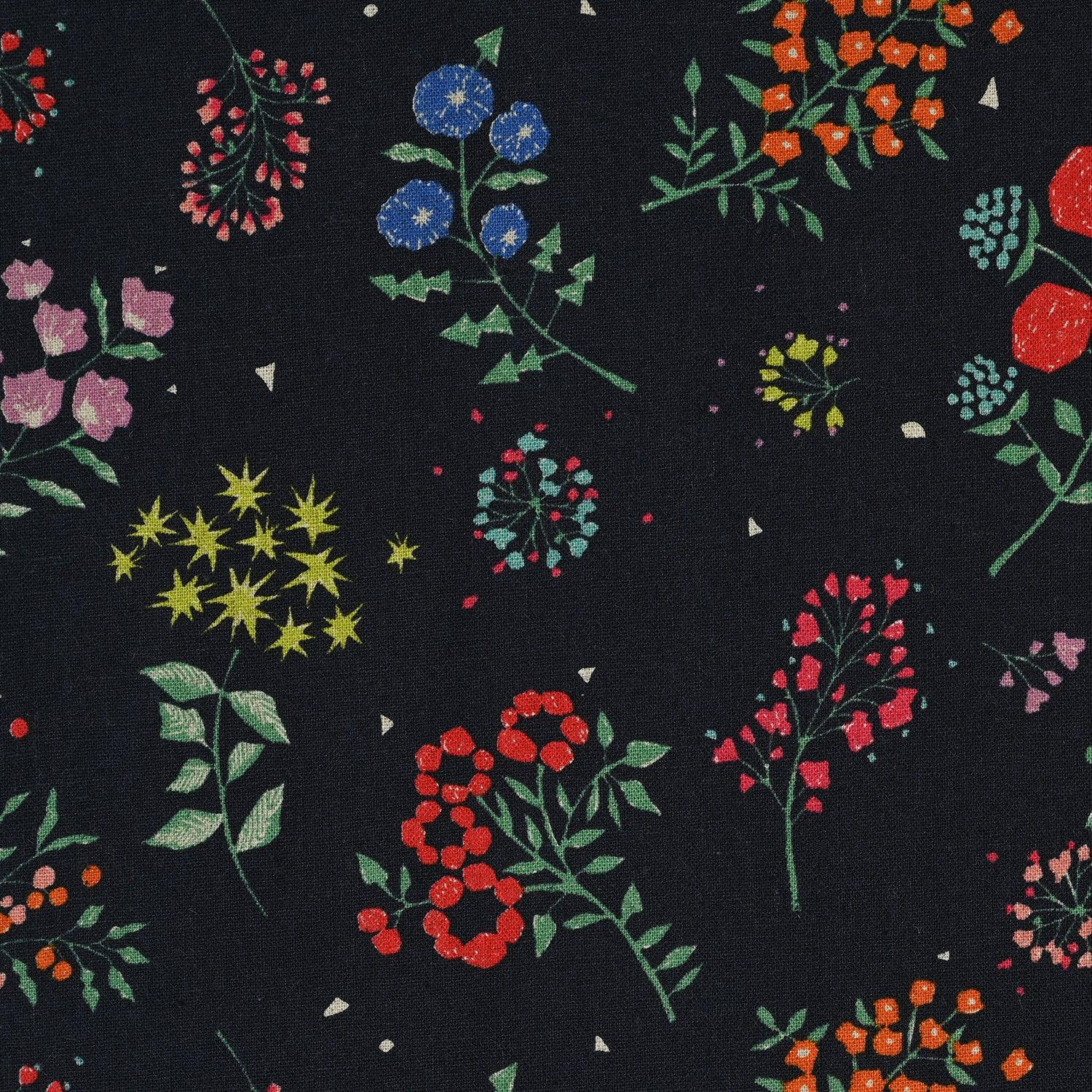 Kokka-Tiny Flowers Navy on Lightweight Canvas-fabric-gather here online