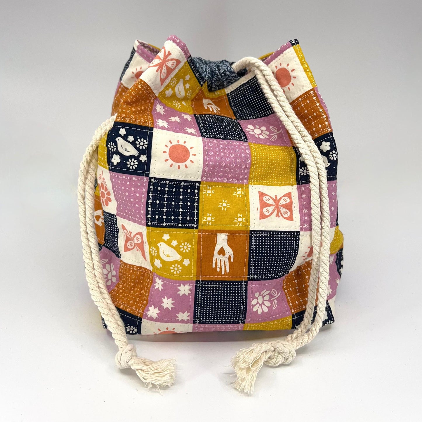 Denise Snow Williams-One of a Kind Drawstring Project Bags-craft organizer-Large Square Bottom - Quilted Birdseed Check w/ Int Zip Pocket-gather here online