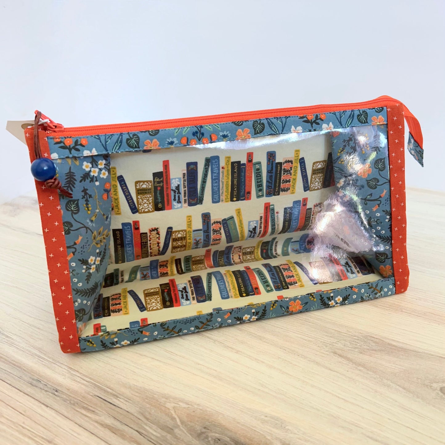 Denise Snow Williams-One of a Kind Clear Wedge Project Bags-craft organizer-Large - Blue Floral Book Shelf-gather here online