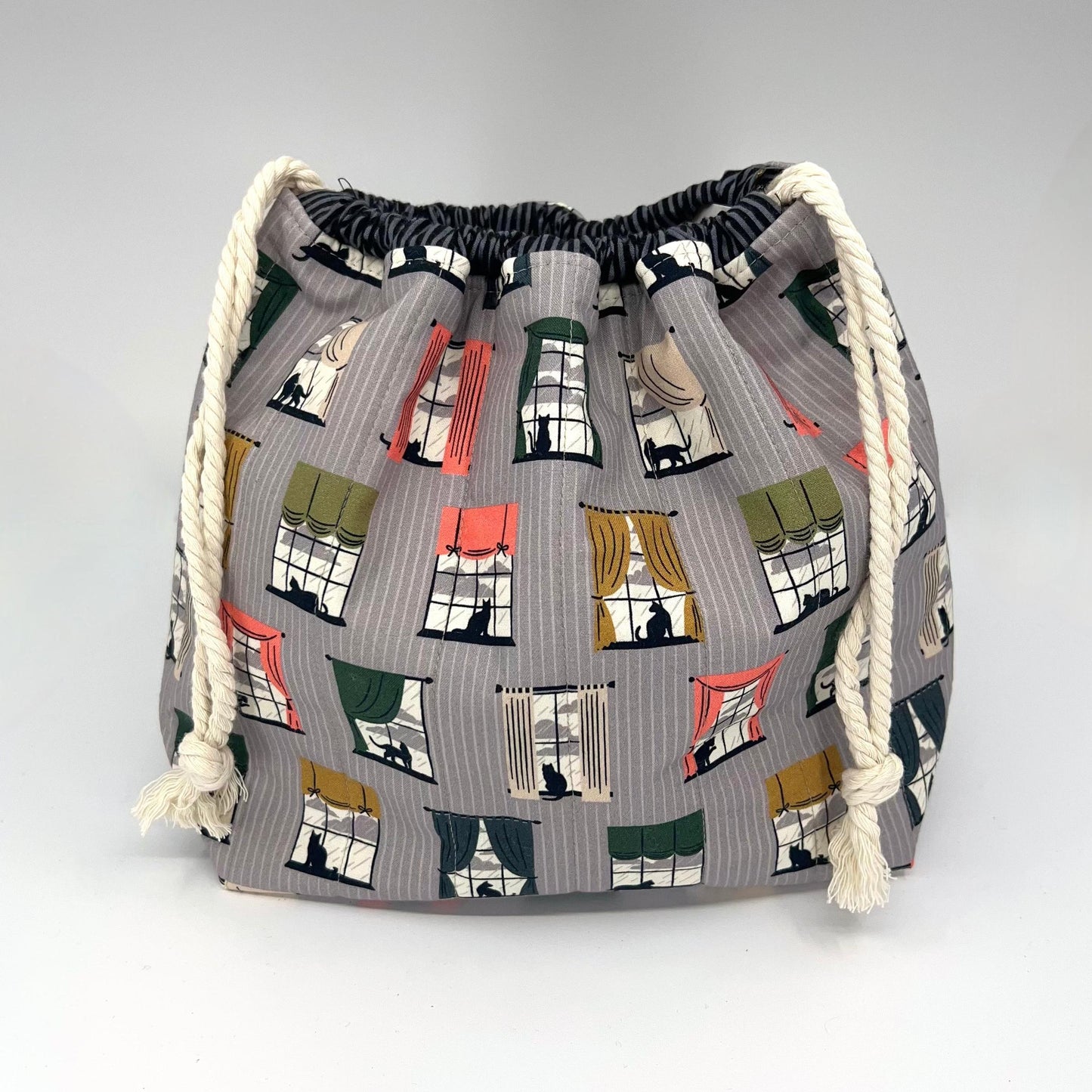 Denise Snow Williams-One of a Kind Drawstring Project Bags-craft organizer-Large - Quilted Window Cats w/ Int Zip Pocket-gather here online