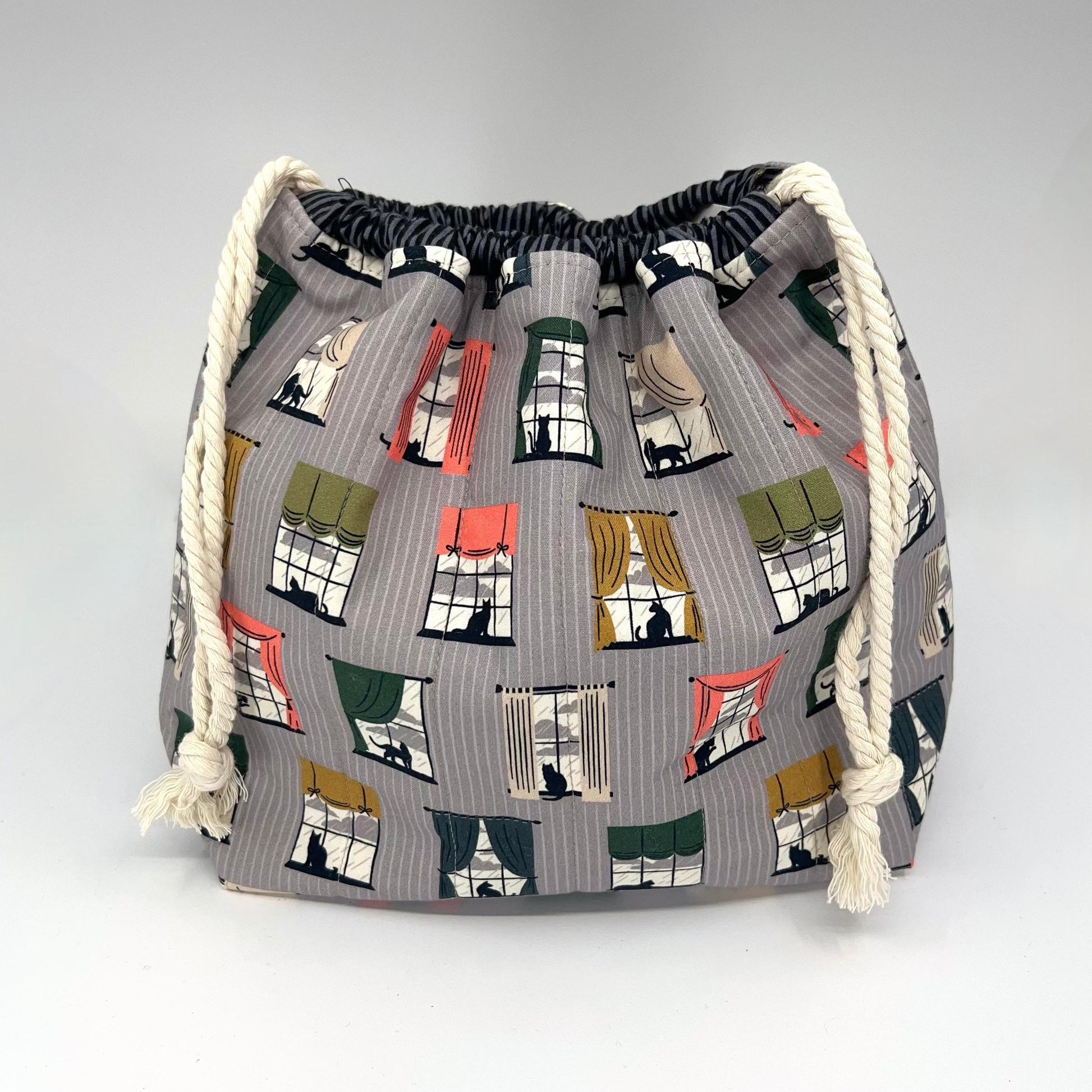 Denise Snow Williams-One of a Kind Drawstring Project Bags-craft organizer-Large - Quilted Window Cats w/ Int Zip Pocket-gather here online