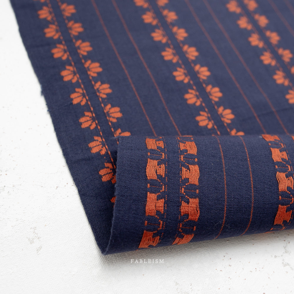 Fableism Supply Co-Deco Stripe in Navy/Spice-fabric-gather here online
