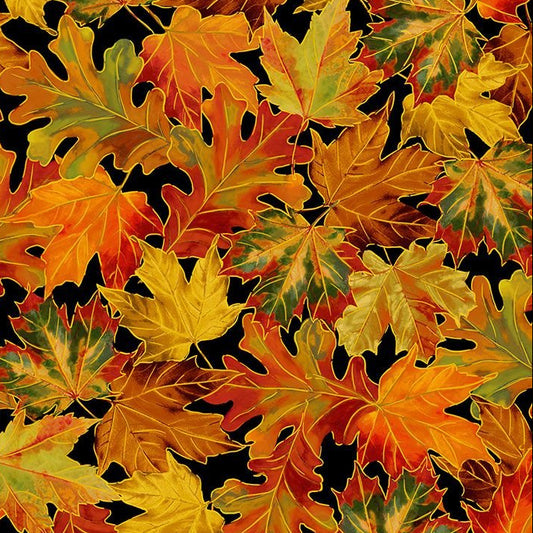 Allover Metallic Autumn Leaves Black