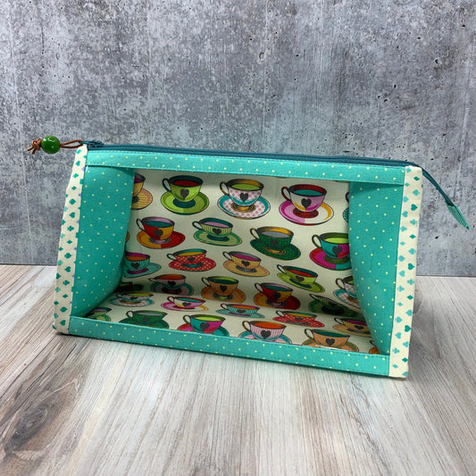 Denise Snow Williams-One of a Kind Zipper with Clear Panel Project Bags-accessory-Large - Teal Teacups-gather here online