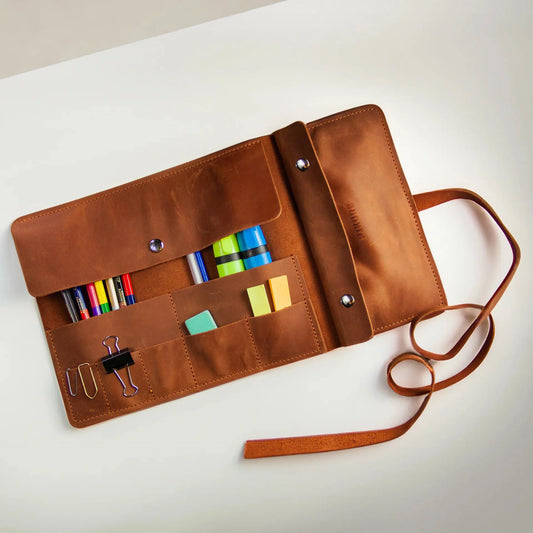 Pikore-Leather Tool Roll Case - Brown-craft notion-gather here online