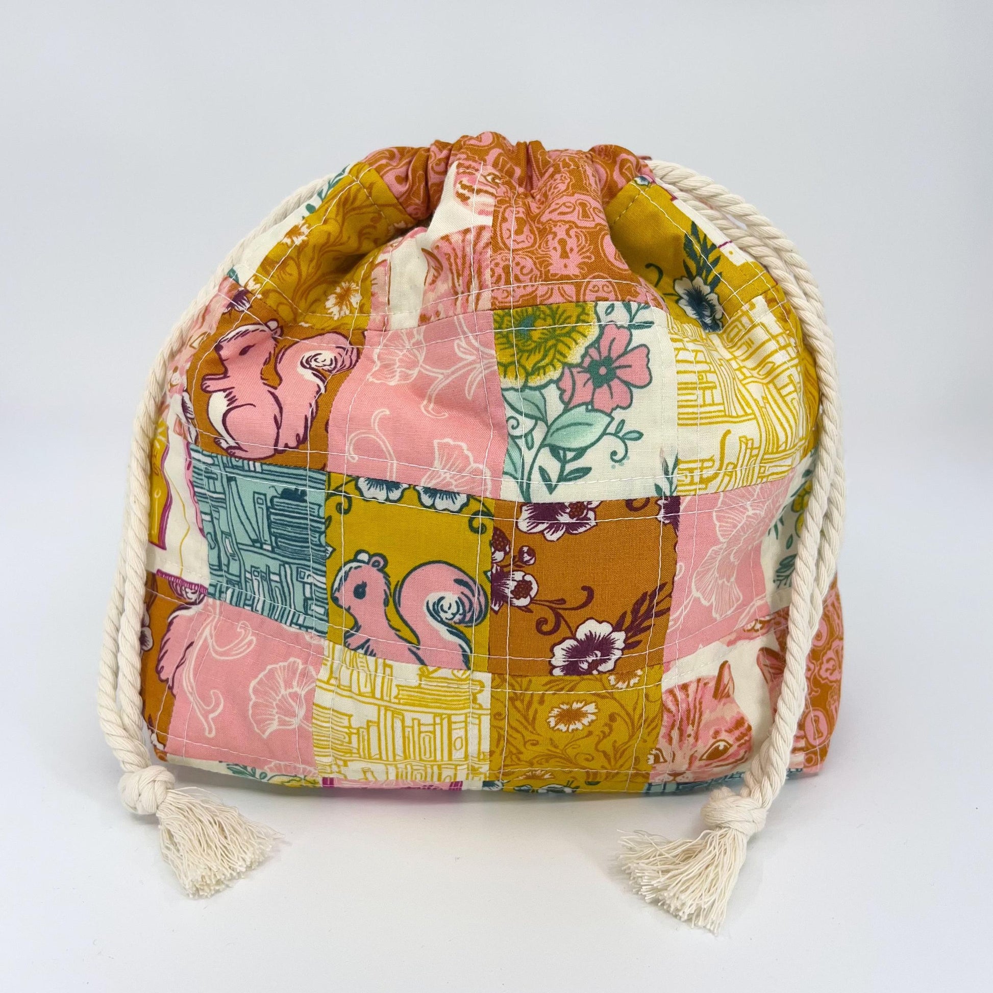 Denise Snow Williams-One of a Kind Drawstring Project Bags-craft organizer-Medium - Quilted Whimsical Tan & Pink w/ Int Zip Pocket-gather here online