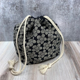 Denise Snow Williams-One of a Kind Drawstring Project Bags-accessory-Large - Black and White Flowers w/ Interior Divider-gather here online