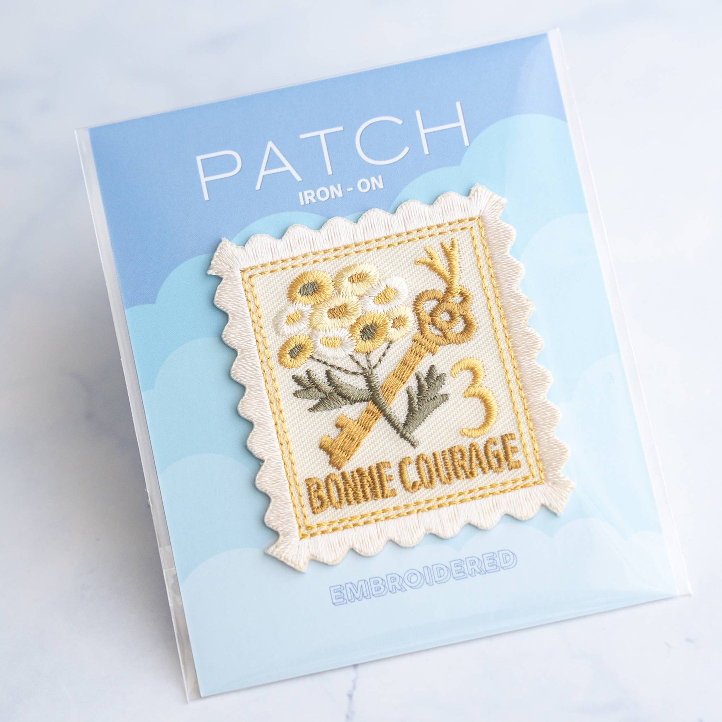 U PLUS INC-Daisy Vintage Stamp Iron-On Patch-patches + pins-gather here online