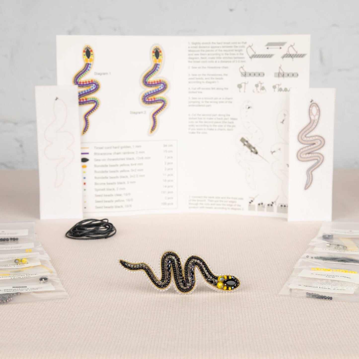 Bead Embroidery Kit: Grass Snake Brooch DIY Craft Set