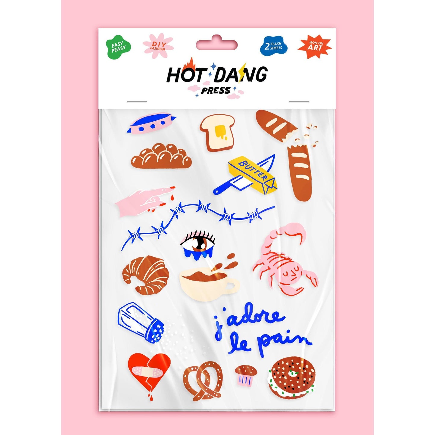 Hot Dang Press-J'Adore Le Pain Iron-On Transfer Sheet Set-patches + pins-gather here online