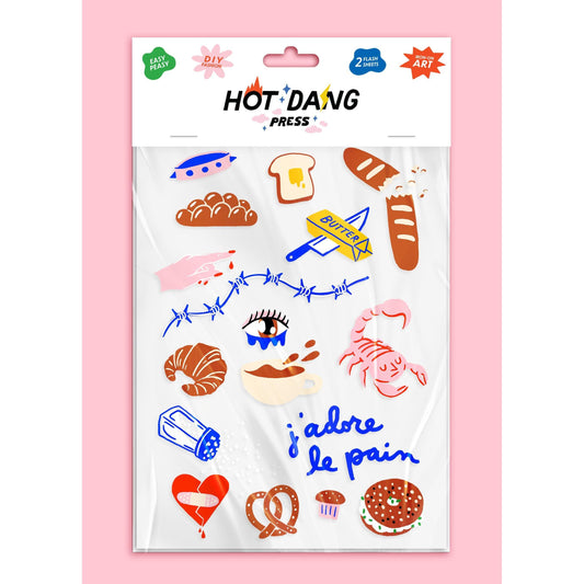 Hot Dang Press-J'Adore Le Pain Iron-On Transfer Sheet Set-patches + pins-gather here online