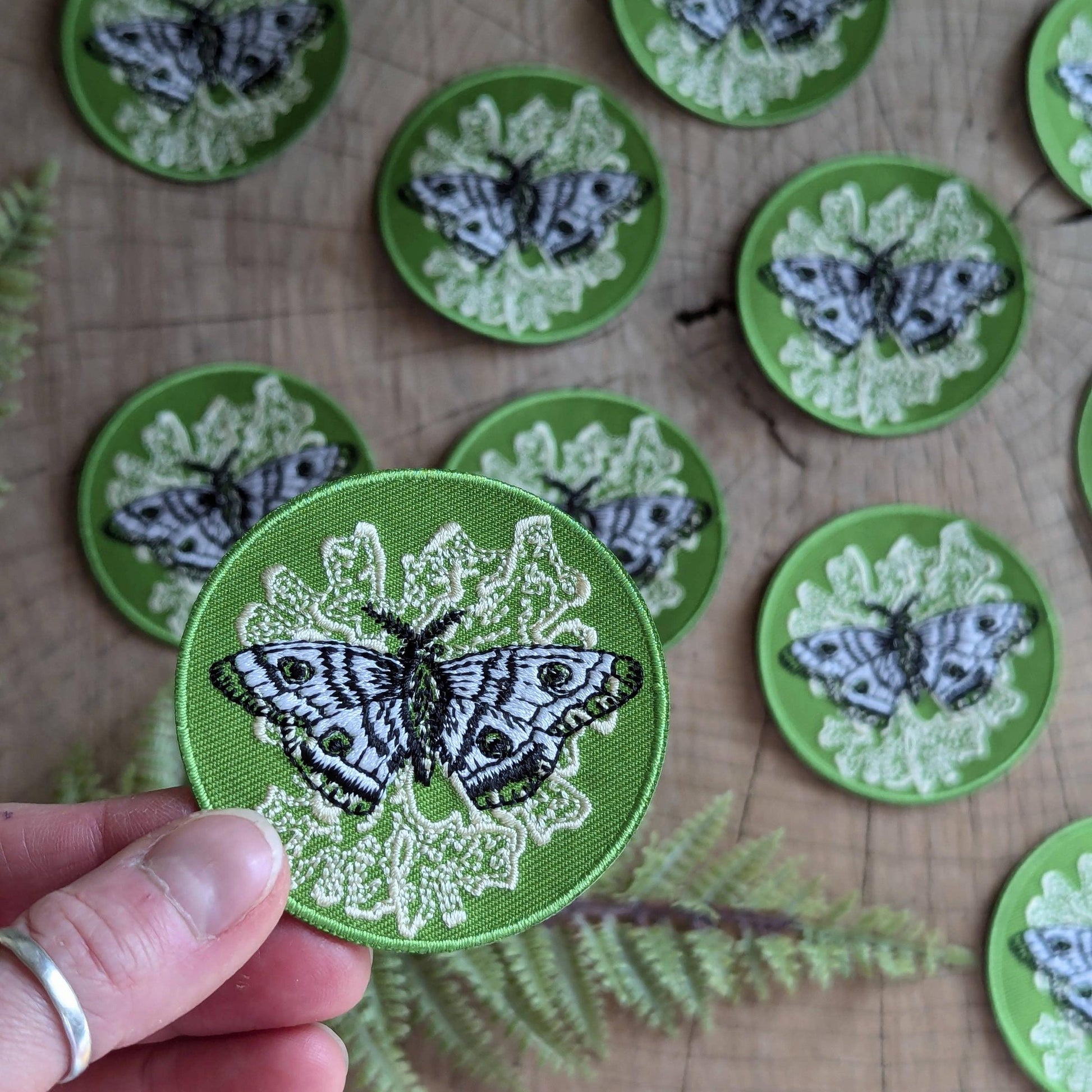 ilikesara-Iron-on patch | polyphemus moth with lichen - green 2.5" round-patches + pins-gather here online