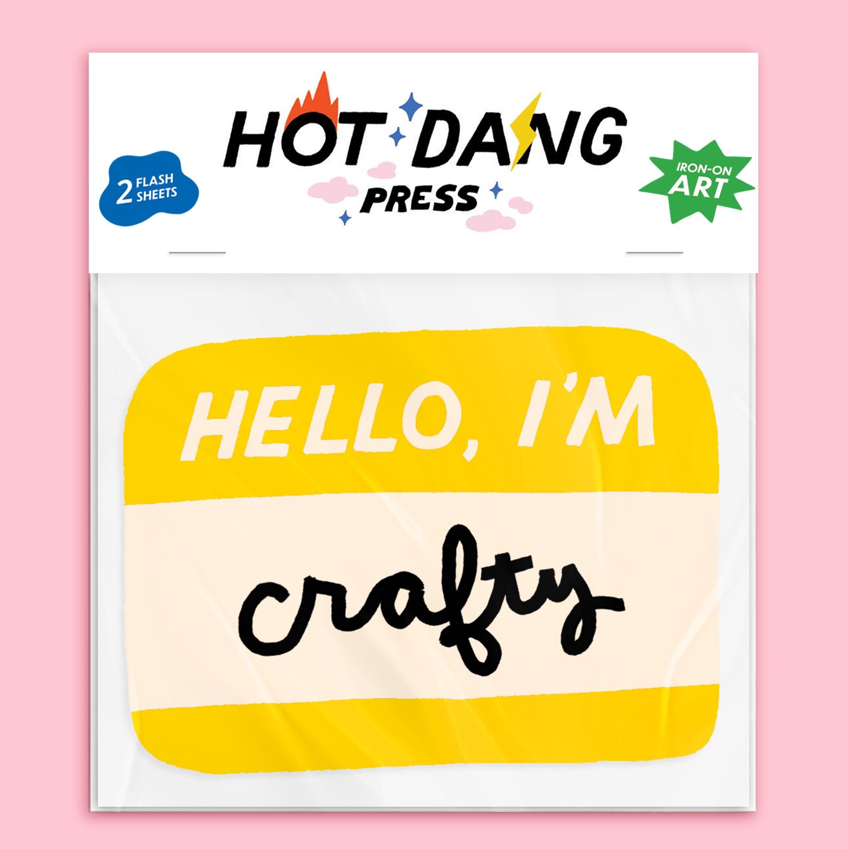 Hot Dang Press-Hello I'm Crafty Name Tag Iron-On Transfer Sheet-patches + pins-gather here online