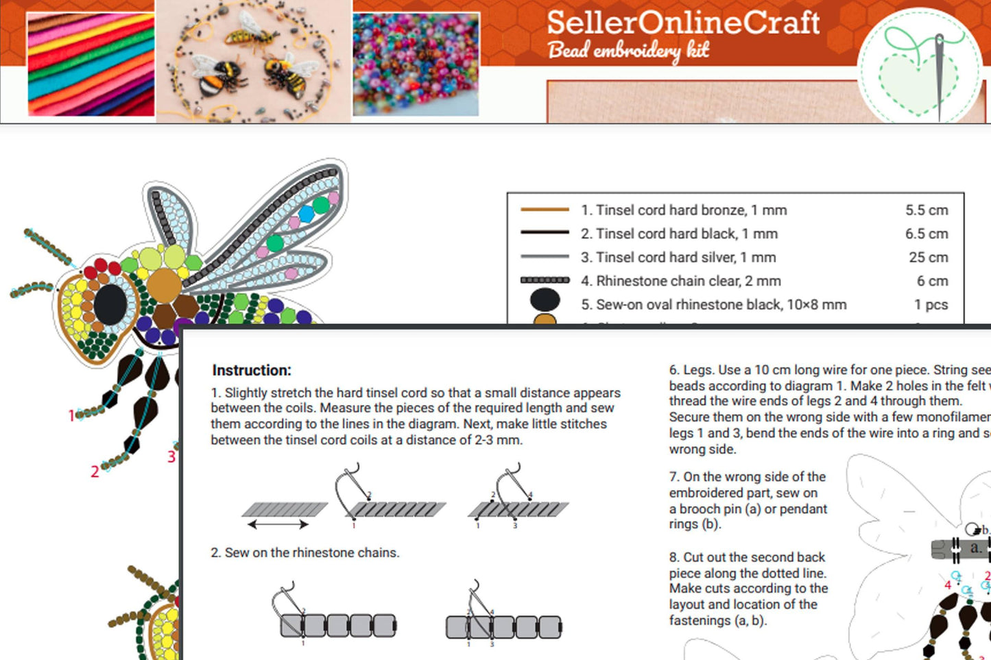 Bee Bead Embroidery Kit: DIY Brooch/Pendant Craft
