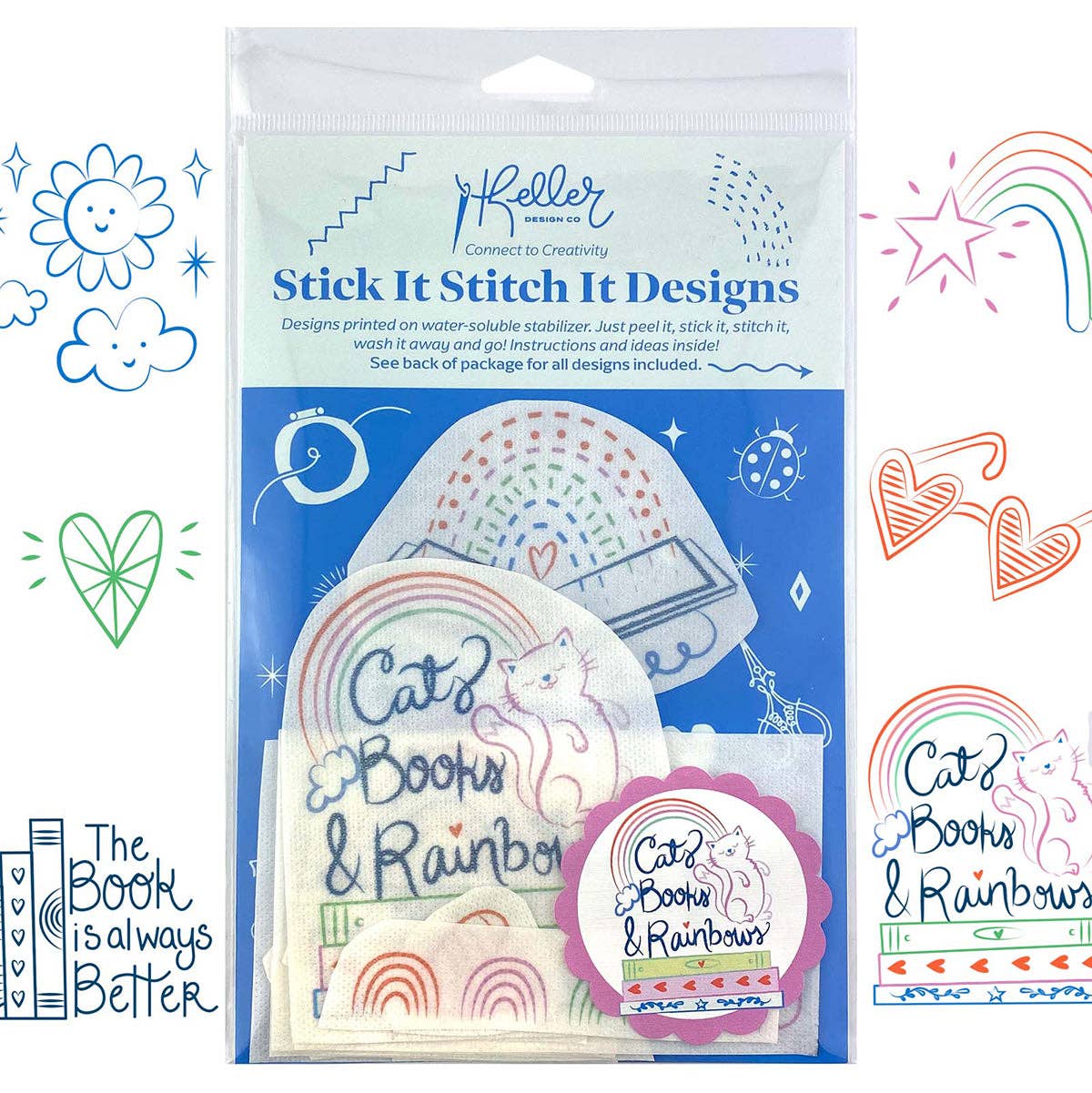 Keller Design Co.-Stick It Stitch It - Cats, Books, Rainbows-embroidery pattern-gather here online