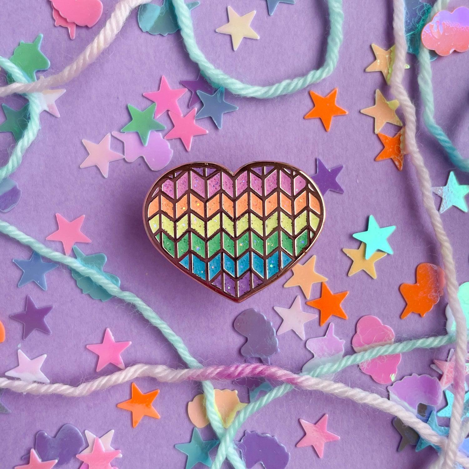 Kitty With A Cupcake-Pastel Rainbow Knit Heart Enamel Pin-accessory-gather here online