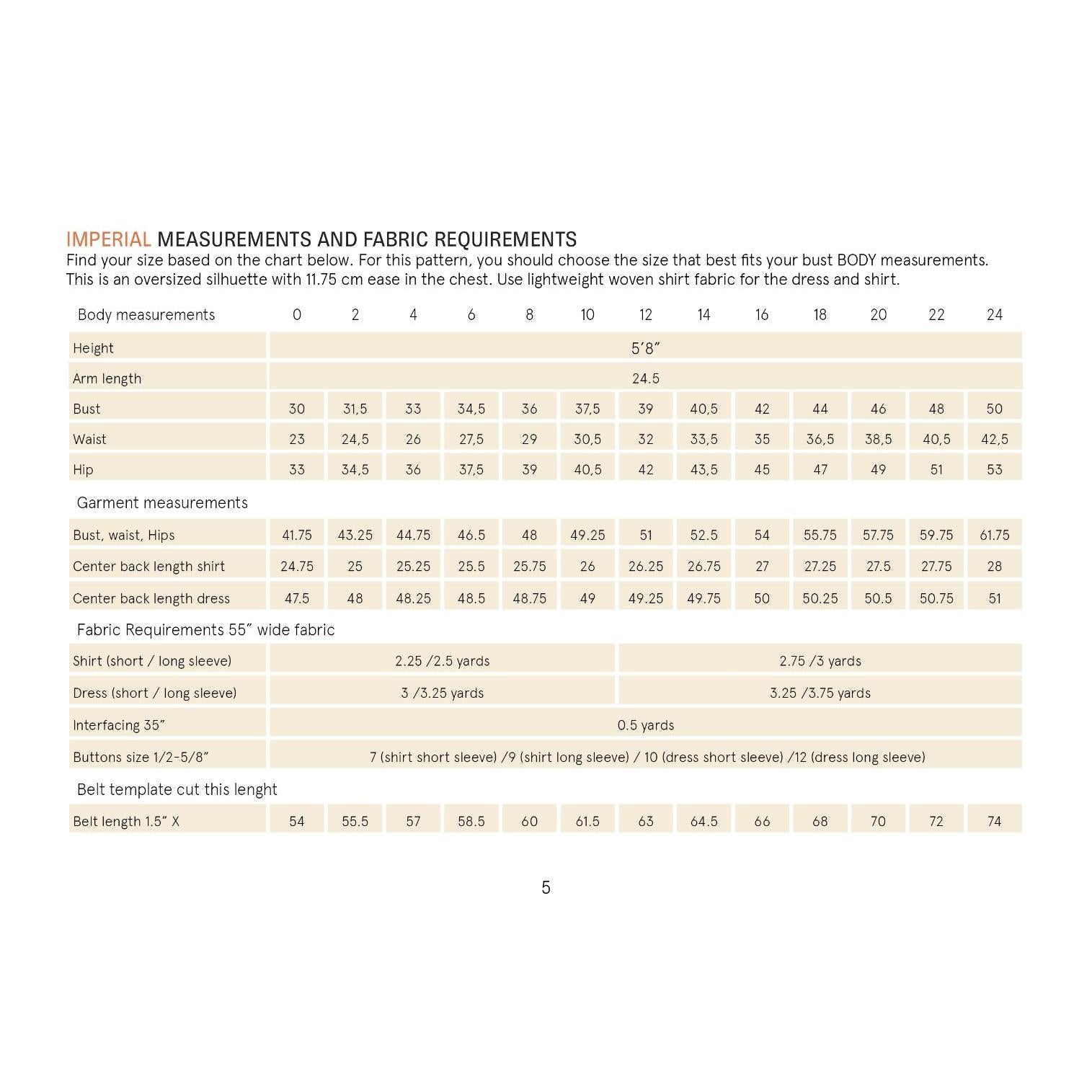 Measurement chart for dress and shirt patterns with body measurements and fabric requirements.