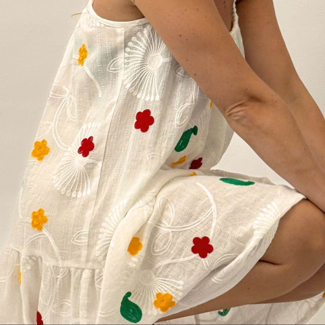 White dress with colorful floral patterns worn by a person on a plain background