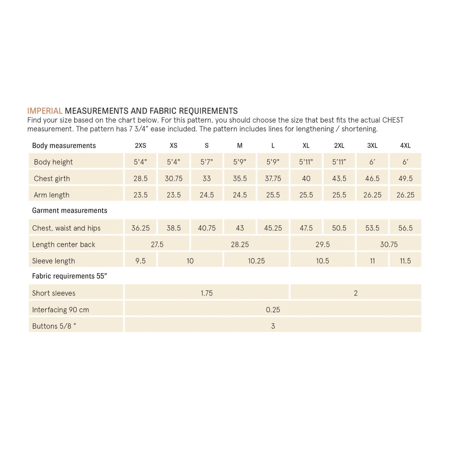 Measurement chart for clothing with body and garment dimensions on a white background